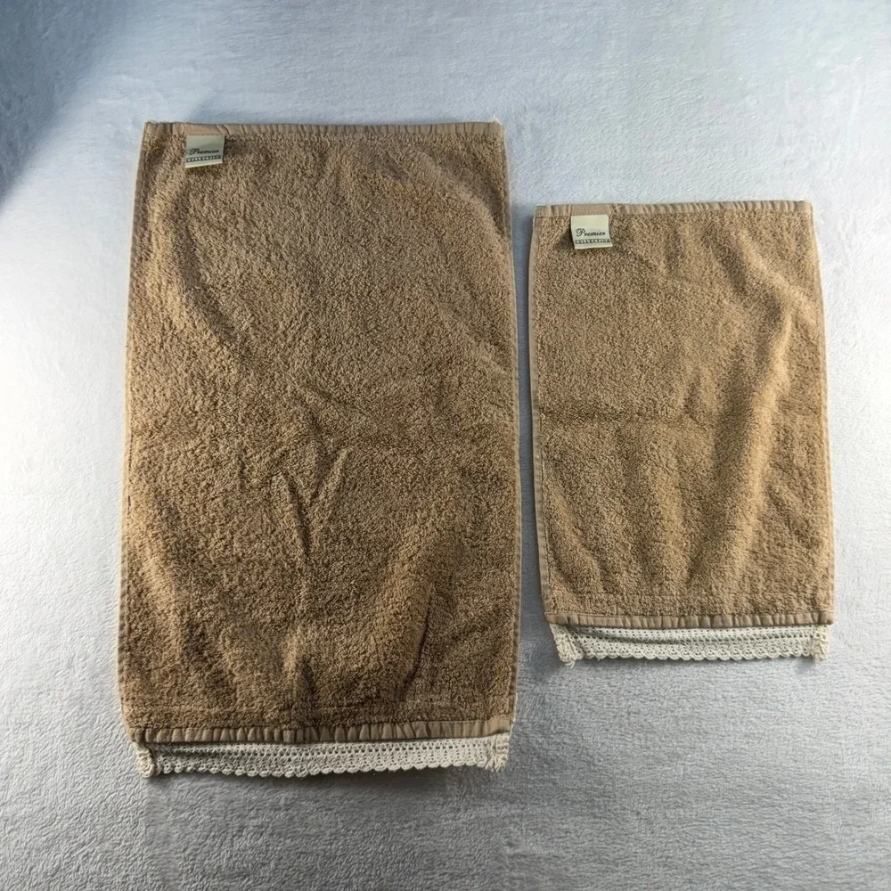 Premier Collection 3pc Towel Set Tan Cotton Crochet Lace Trim Made in Turkey
